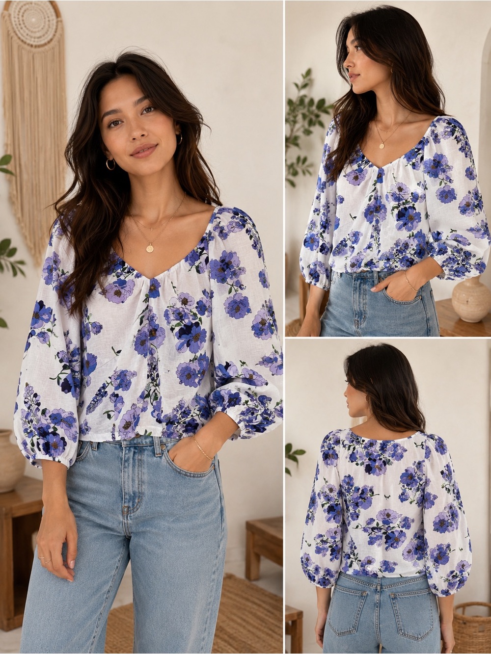 Anthropologie Purple Floral Boho Peasant Crop Top Balloon Sleeve Cottagecore MP